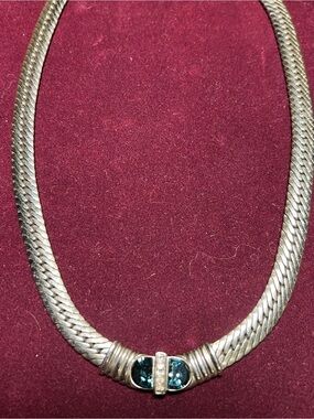 Vintage Silver Chain Necklace with Twin Dark Blue Gemstones 17”